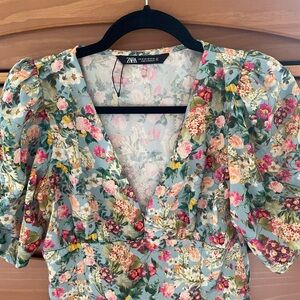 Zara Orange and Pink Puff Sleeve Blouse